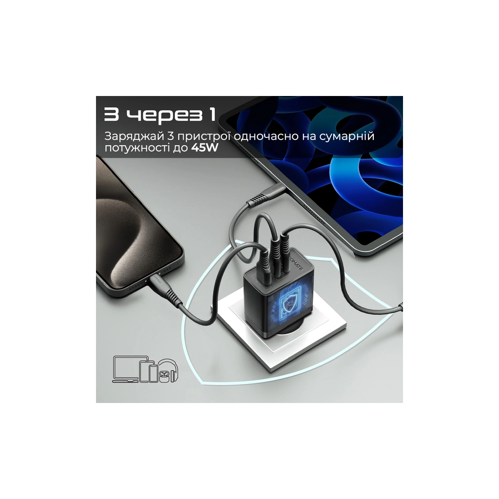Зарядний пристрій Promate powerport-45 2xUSB-C PD + USB-A QC 45W Black (powerport-45.black) - зображення 3