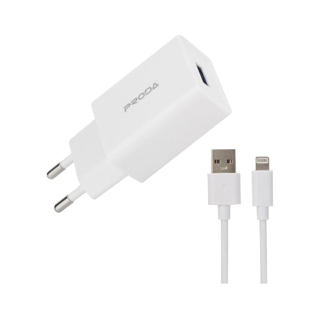 Зарядний пристрій Proda USB 2,4A + USB Lightning cable (PD-A43i-WHT) - зображення 1