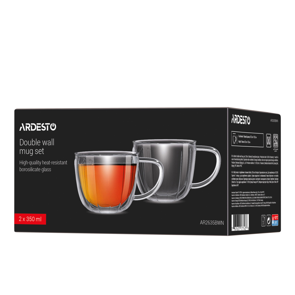 Набір чашок Ardesto 350мл, 2шт, боросилікатне скло, прозора (AR2635BWN) - изображение 6
