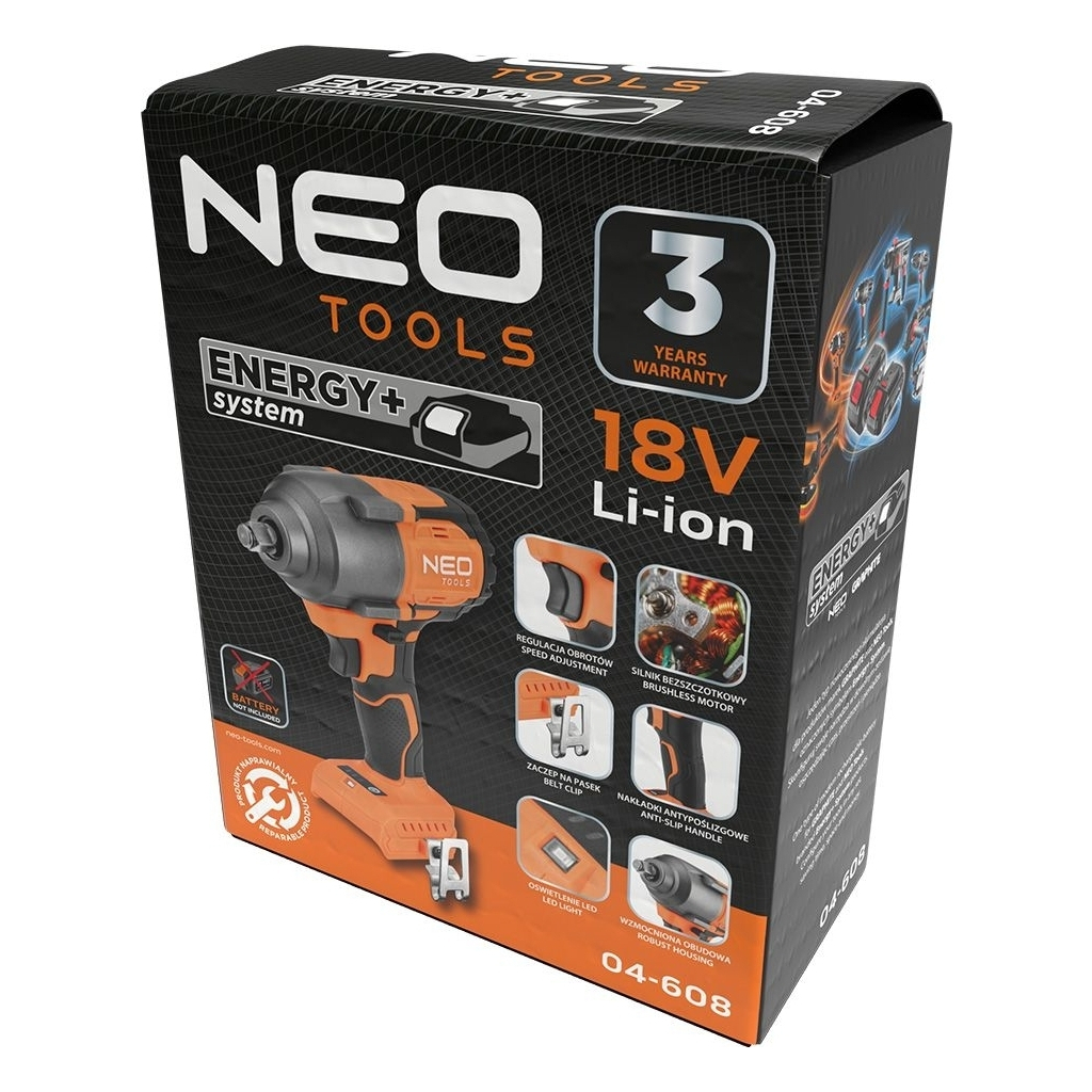 Гайковерт Neo Tools Energy+ 18V, безщітковий, 2400об/хв, 850Нм, 1/2", 3 швидкості, 1.8кг (без АКБ та ЗП) (04-608) - изображение 11