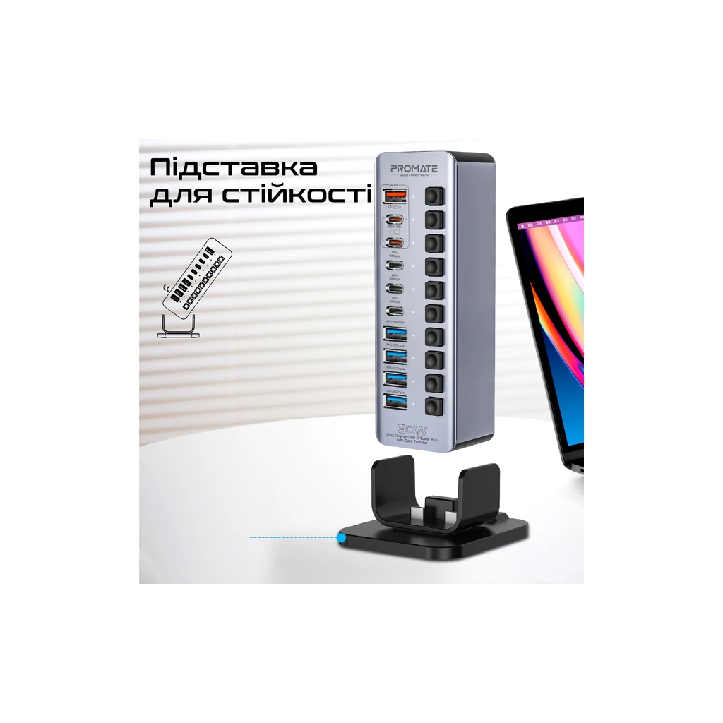 Концентратор Promate USB-C 14-in-1 Promate gegatower-60w (gegatower-60w) - зображення 7