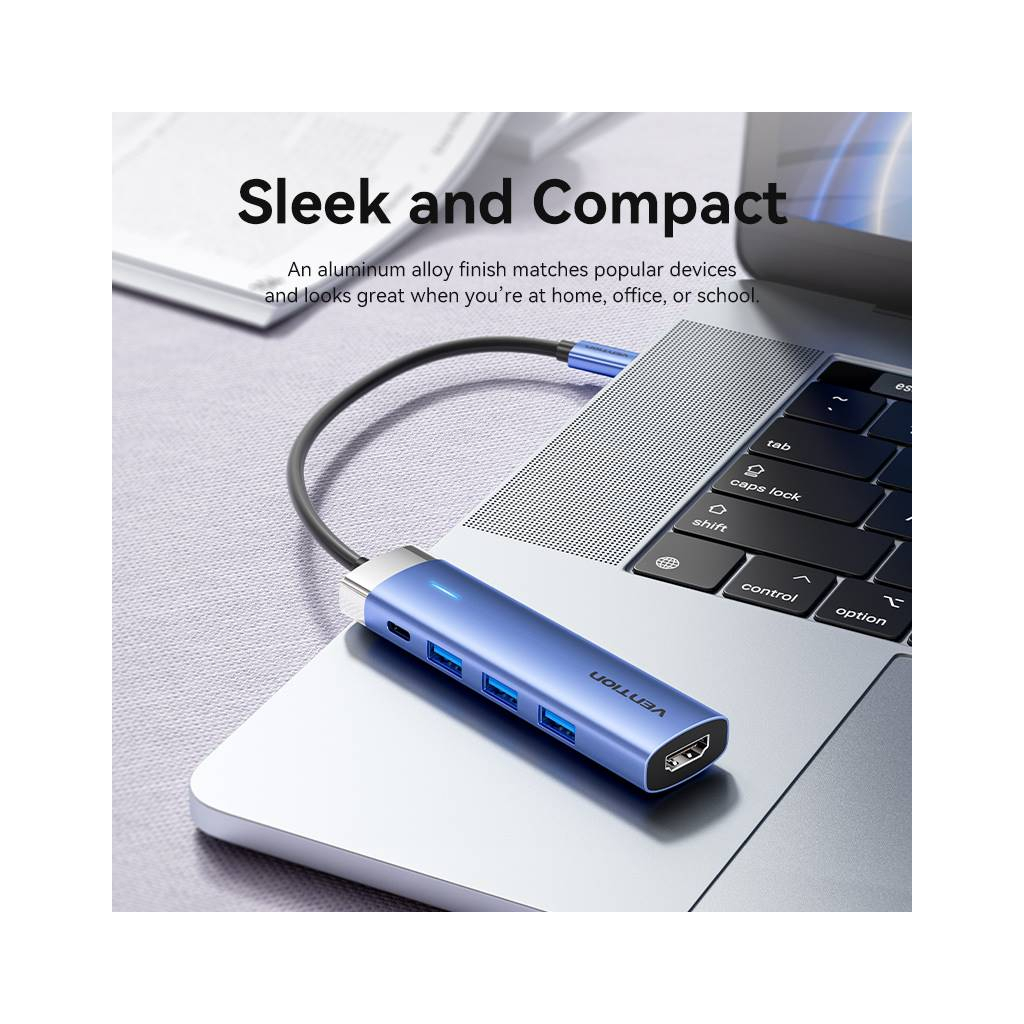 Концентратор Vention USB 3.1 Type-C to HDMI/USB 3.0x3/PD 100W Blue Aluminum Alloy Hub 5-in-1 (TGESB) - изображение 3