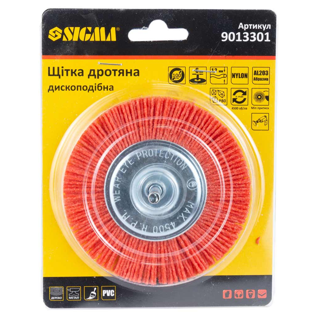 Щітка для електроінструменту Sigma дротяна дископодібна 100мм хвостовик 6мм нейлонова 9013301 (9013301) - зображення 3