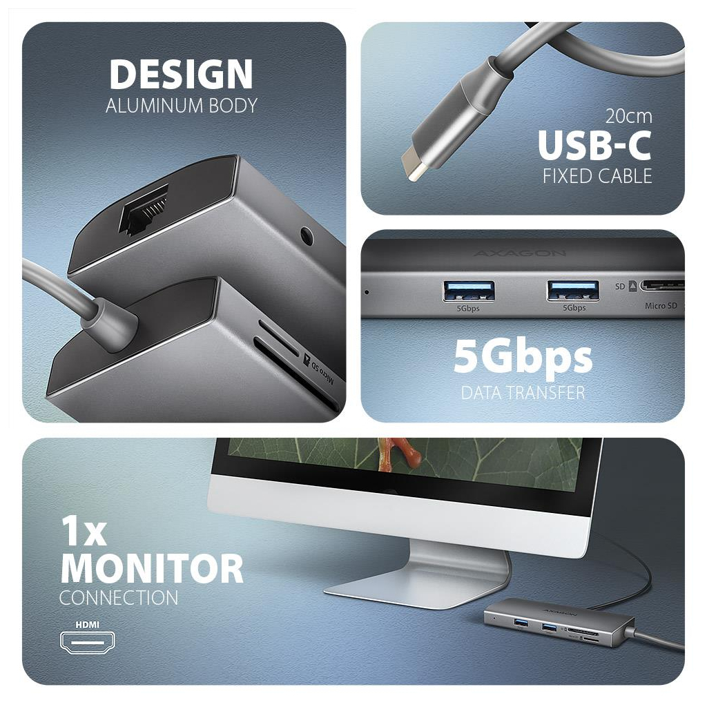 Концентратор AXAGON USBC to 3xUSB-A + HDMI + RJ45 + SD/microSD + audio + PD 100W 0.2m grey (HMC-8HLSA) - зображення 4