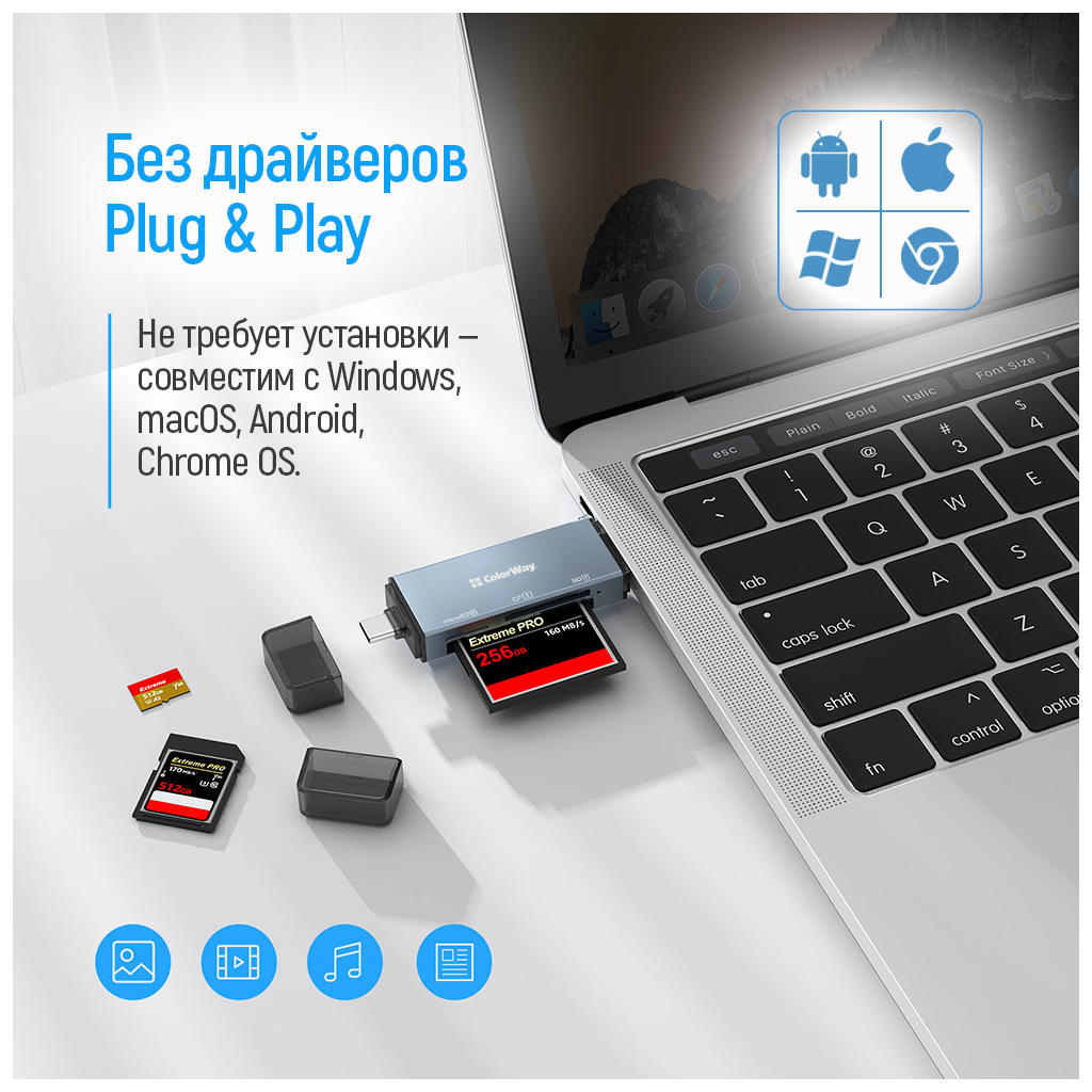 Зчитувач флеш-карт ColorWay USB 2.0/USB-C to CF/SD/MicroSD (CW-CR-01) - изображение 8