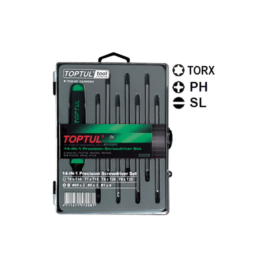Набір викруток Toptul для точних робіт 14 в 1 (T5-T20,PH,SL) (GAAW0804) - зображення 1