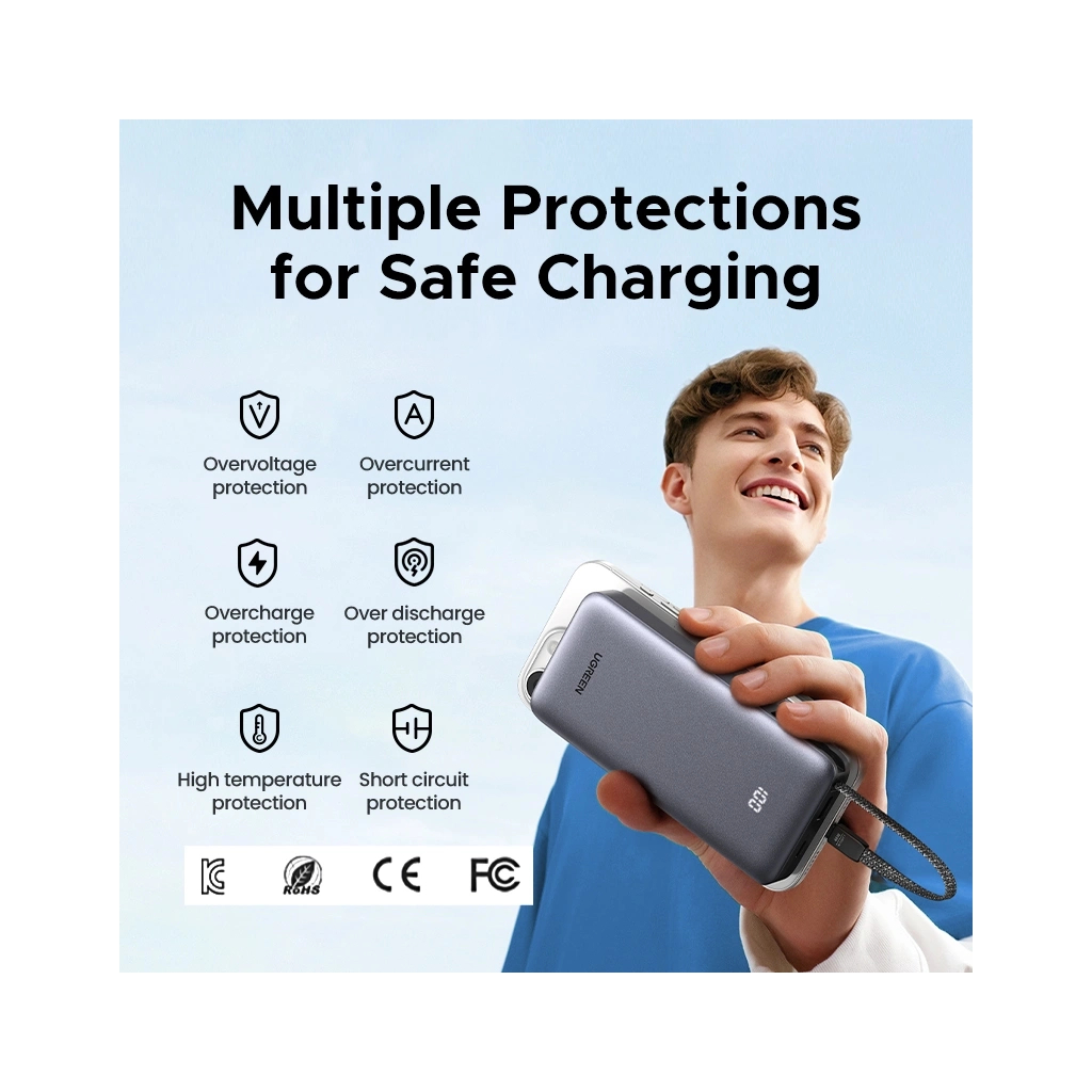 Батарея універсальна Ugreen 20000mAh 45W with Built-in Cable (PB536 55988B) - зображення 3