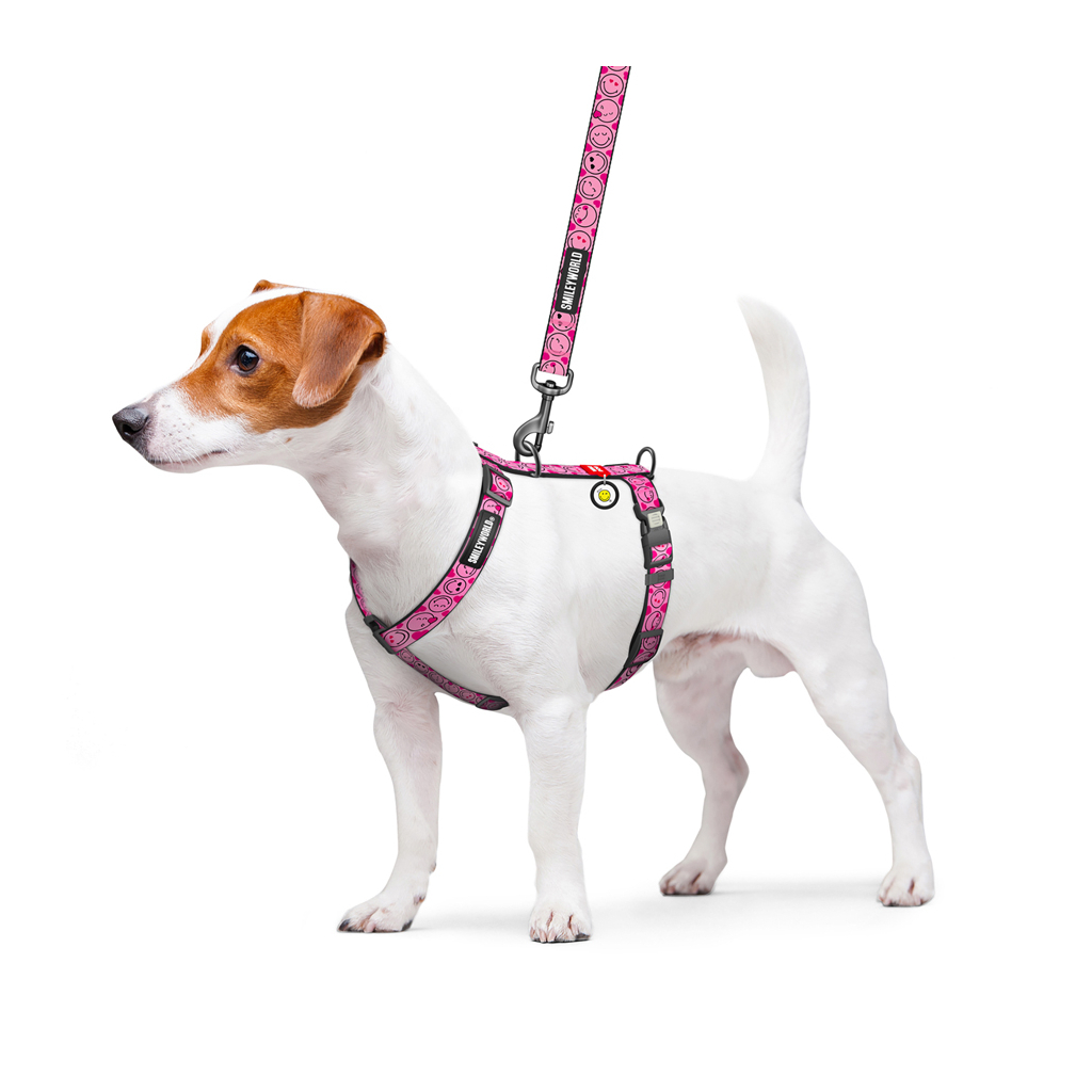 Шлея для собак WAUDOG Nylon анатомічна H-подібна з QR-паспортом "Смайли на рожевому" пластиковий фастекс, L (345-0187) - зображення 3