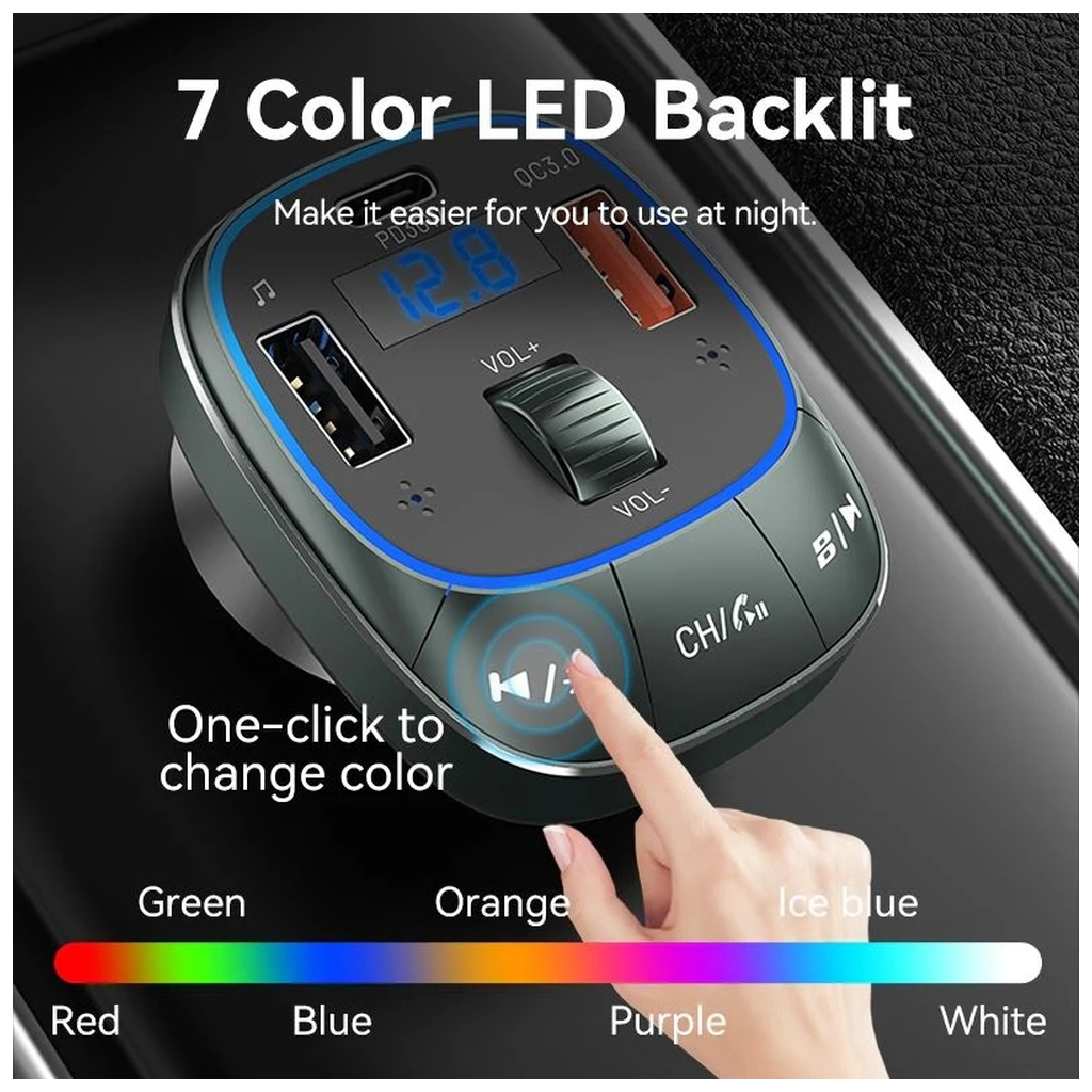 FM модулятор Vention PD 54W 3-Port USB (C+A+A) LED/USB Flash/Bluetooth, вольтметр (FFLB0) - зображення 11