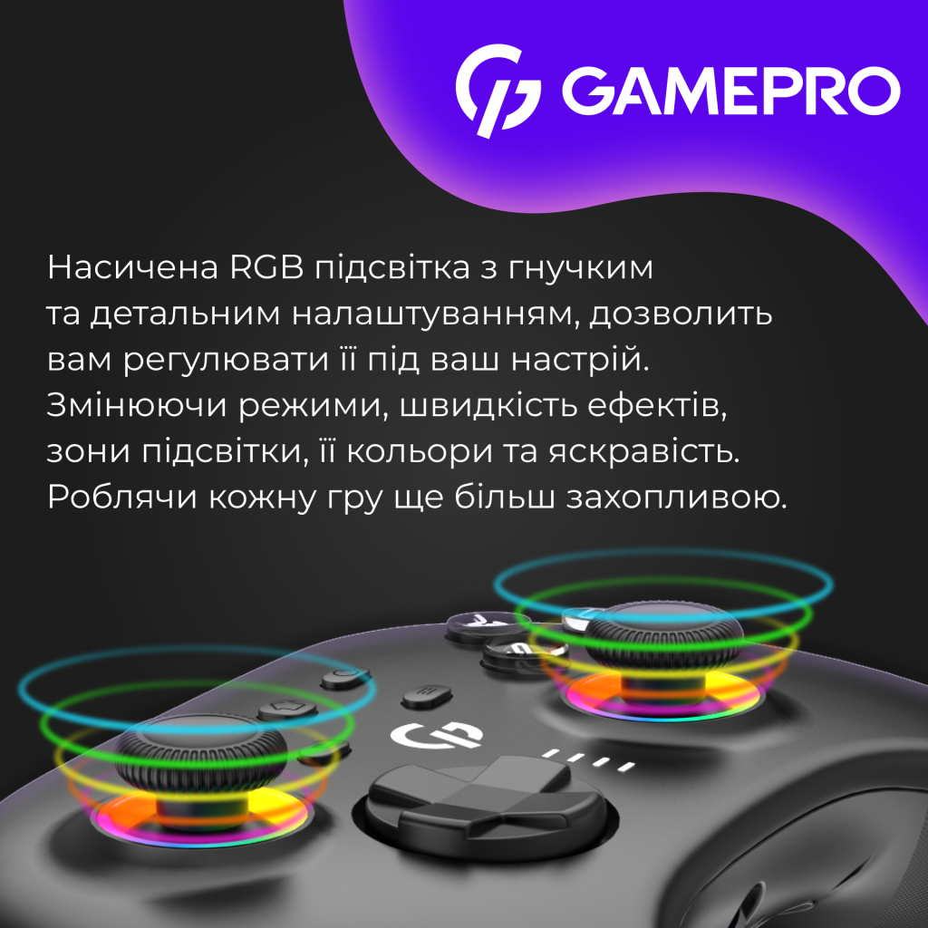Геймпад GamePro із зарядною станцією BT 5.3/USB/2.4 ГГц (Switch/PC/iOS/Android) RGB Black (GPX13BDOC) - зображення 16