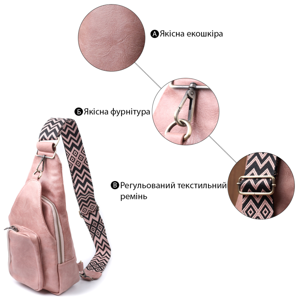 Сумка Vintage Жіноча з акцентом на текстильну лямку з гладкої екошкіри Рожева (22772) - зображення 4