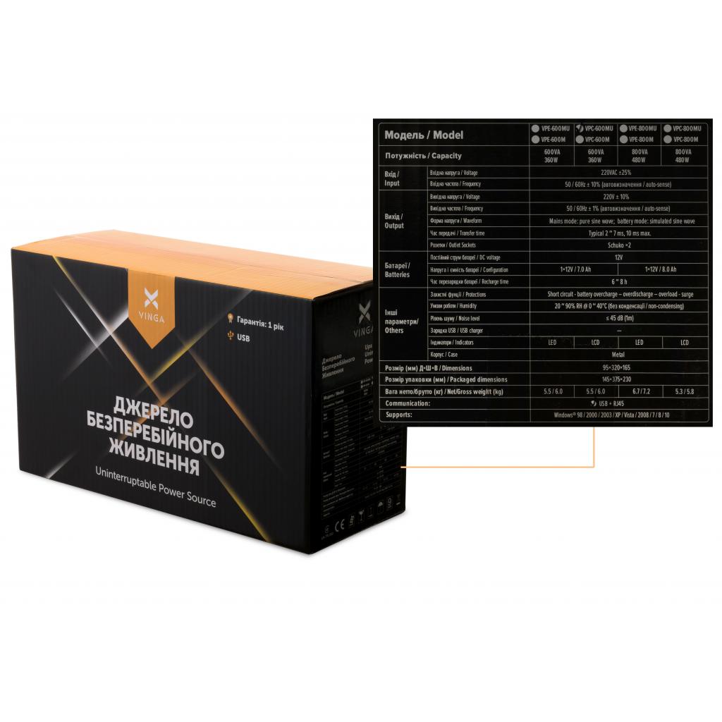 Пристрій безперебійного живлення Vinga LCD 600VA metal case with USB (VPC-600MU) - зображення 9