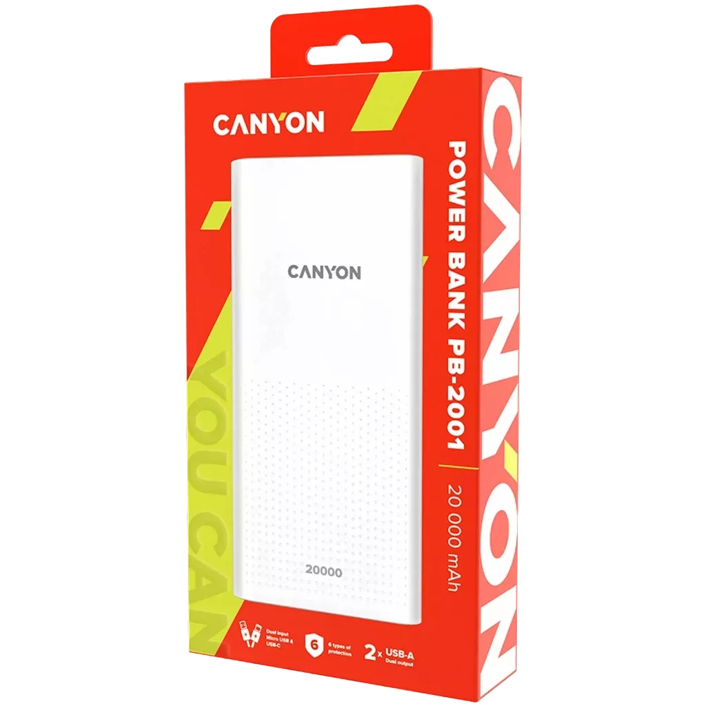 Батарея універсальна Canyon 20000mAh, Input 5V/2A, Output 5V/2.1A(Max), White (CNE-CPB2001W) - зображення 3