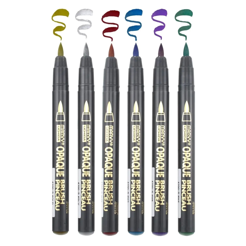 Маркер Marvy Набір маркерів на водній основі Opaque Brush, металіки, 6 кольорів (752481951820) - picture 3
