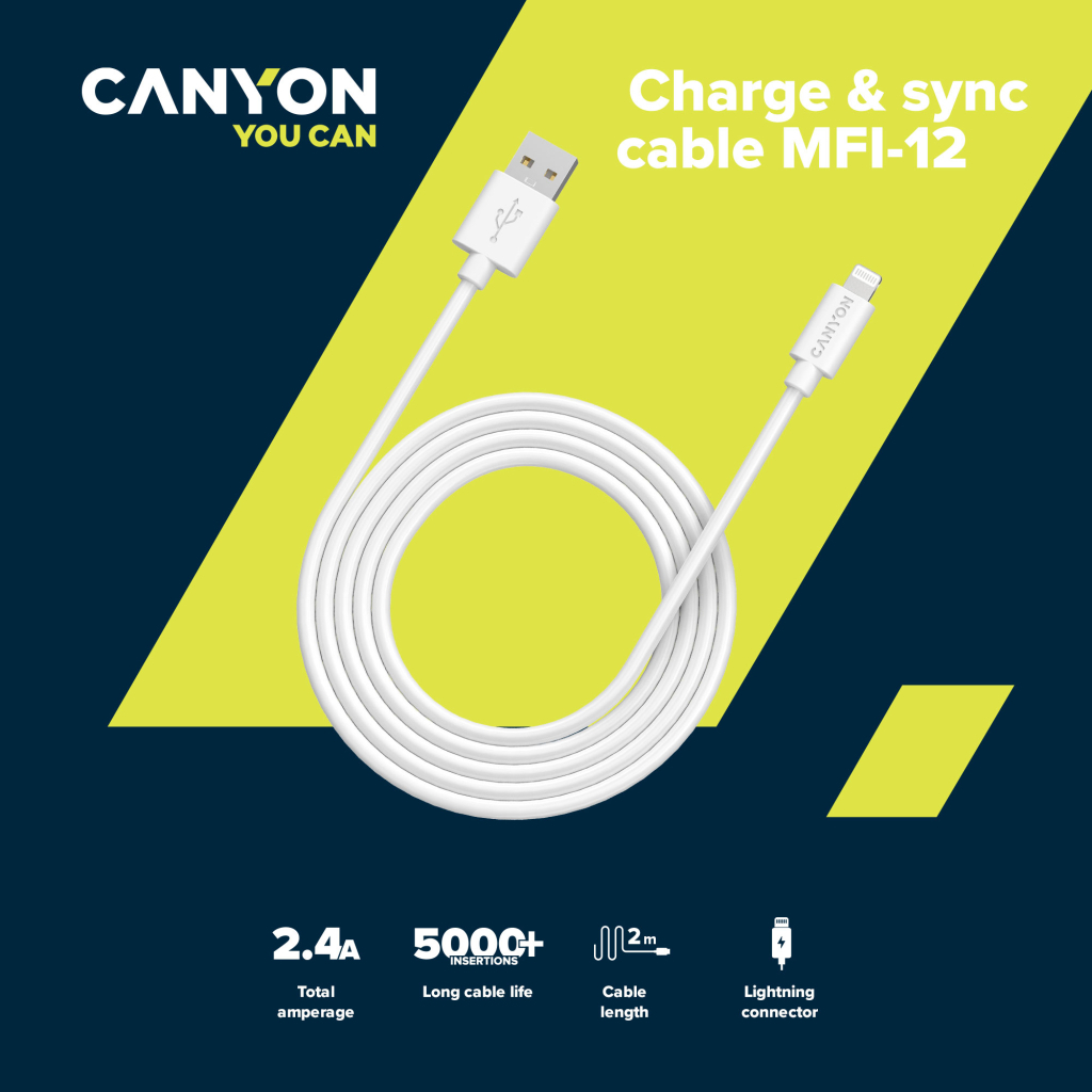 Дата кабель USB 2.0 AM to Lightning 1.0m MFI white Canyon (CNS-MFIC12W) - зображення 3