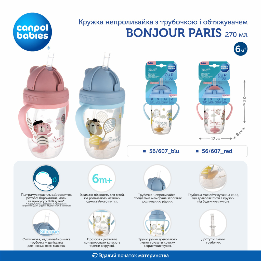 Поїльник-непроливайка Canpol babies Bonjour Paris з трубочкою і обтяжувачем 270 мл Синя (56/607_blu) - зображення 5