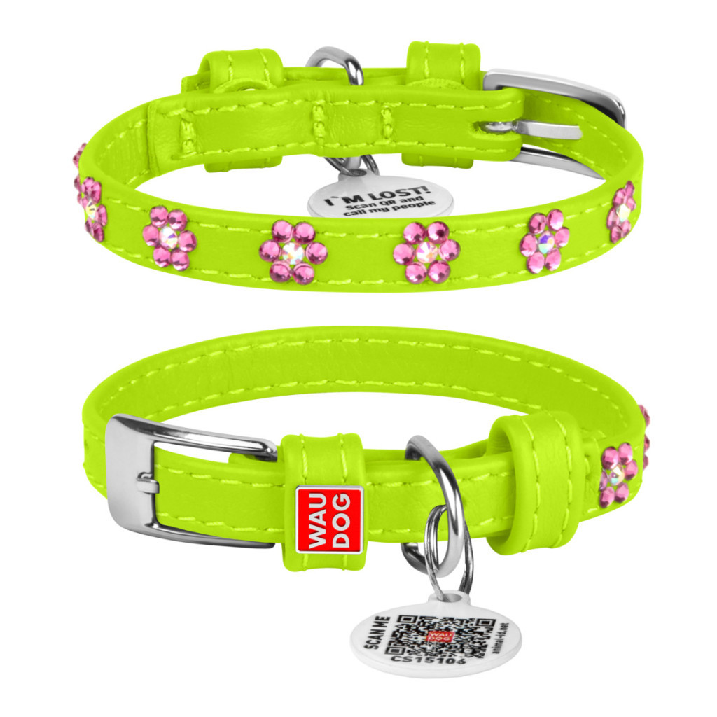 Нашийник для тварин WAUDOG Glamour з QR-паспортом "Квіти" XS Ш 12 мм Д 21-29 см салатовий (32695) - зображення 1