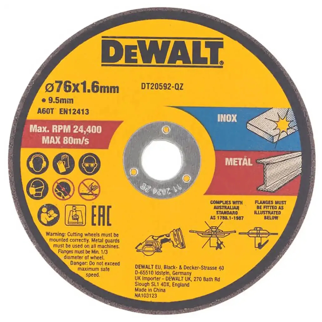 Круг відрізний DeWALT нержавіюча сталь/листовий метал, 76х1, 6х9, 5 мм. 3 шт. (DT20592) - зображення 1