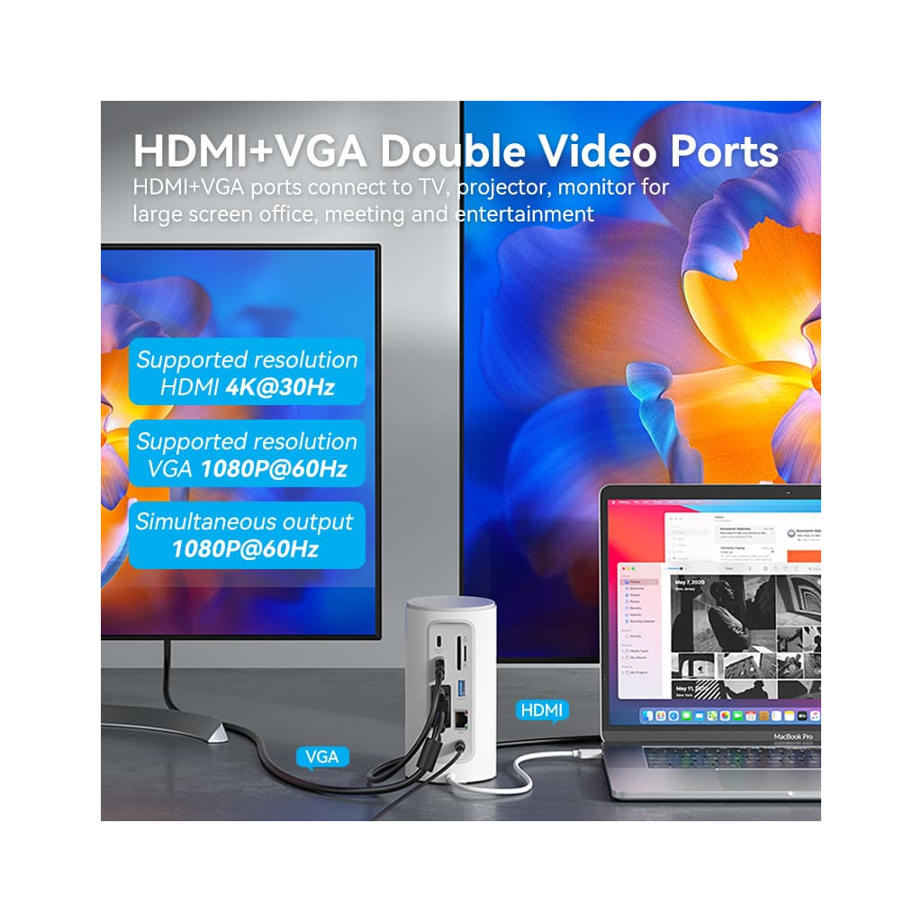 Концентратор Vention USB3.1 Type-C to HDMI/VGA/USB3.0x3/RJ45/SD/TF/TRRS 3.5m/PD/DC100W12-in-1 (TPHWC-EU) - изображение 7