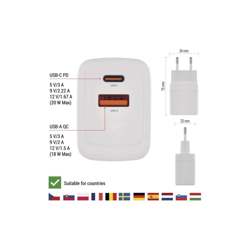 Зарядний пристрій EMOS V02G20 1xUSB-A + 1xUSB-C PD20W GaN (V02G20) - зображення 5