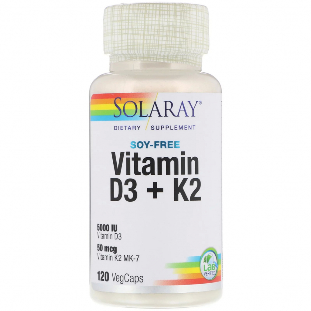 Вітамін Solaray Вітамін D3 + K2, Soy-Free Vitamin D3 + K2, 120 вегетаріанськ (SOR-57445) - зображення 1