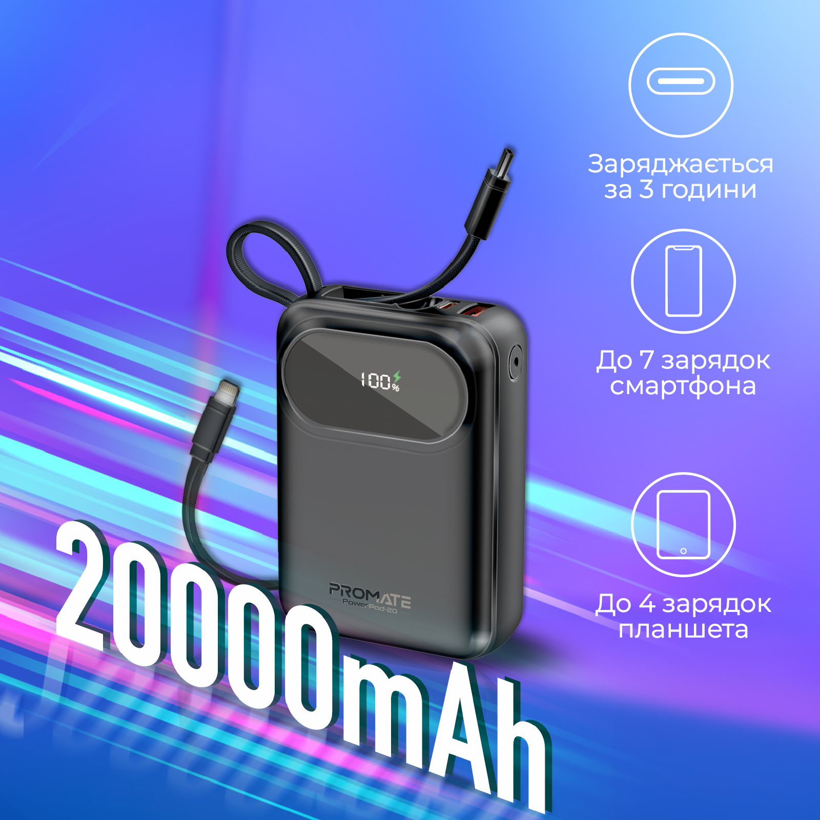 Універсальна мобільна батарея Promate PowerPod-20 20000mAh 35W Black - изображение 2