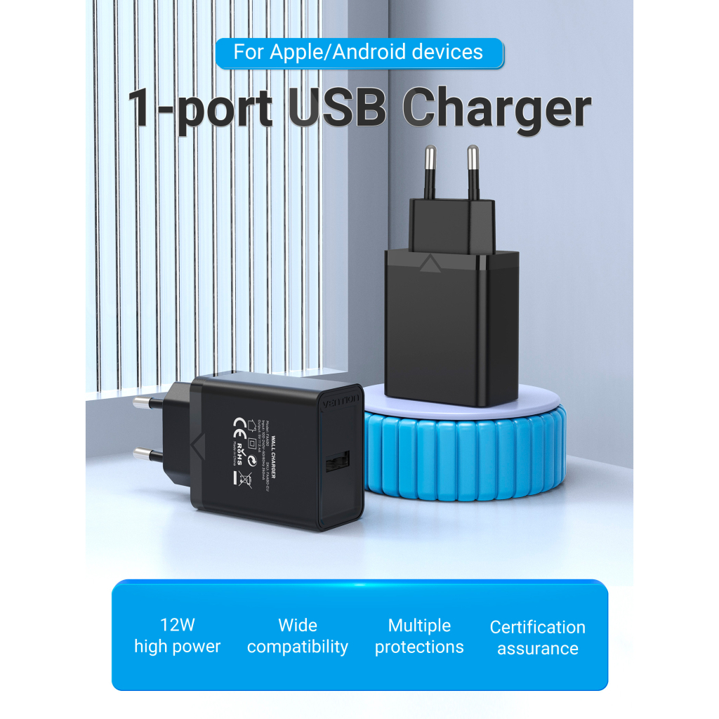 Зарядний пристрій Vention 1xUSB 12W Black (FAAB0-EU) - зображення 5