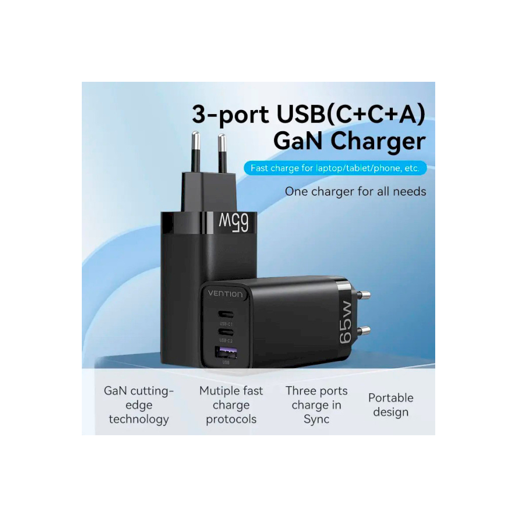 Зарядний пристрій Vention 3xUSB 65W (2xUSB-C+USB-A) PD3.0+QC4.0 black (FEDB0-EU) - зображення 2