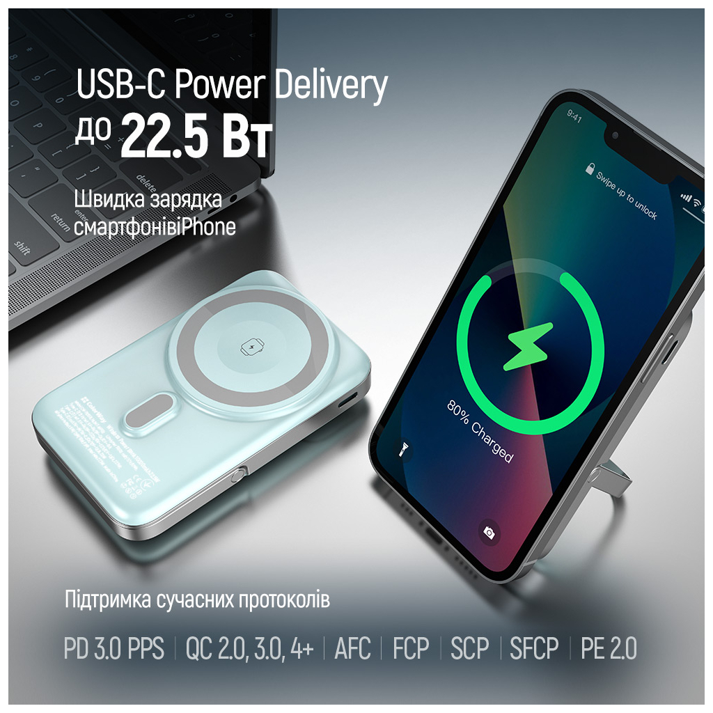 Батарея універсальна ColorWay 10 000 mAh PD/22.5W, 15W MagSafe & Watch Wireless Aquamarine (CW-PB100LPA2MT-WPDD) - изображение 11