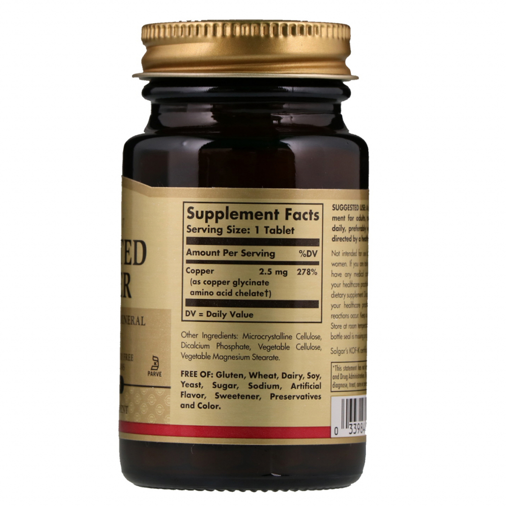 Мінерали Solgar Хелатний Мідь, Chelated Copper, 100 таблеток (SOL-00640) - зображення 2