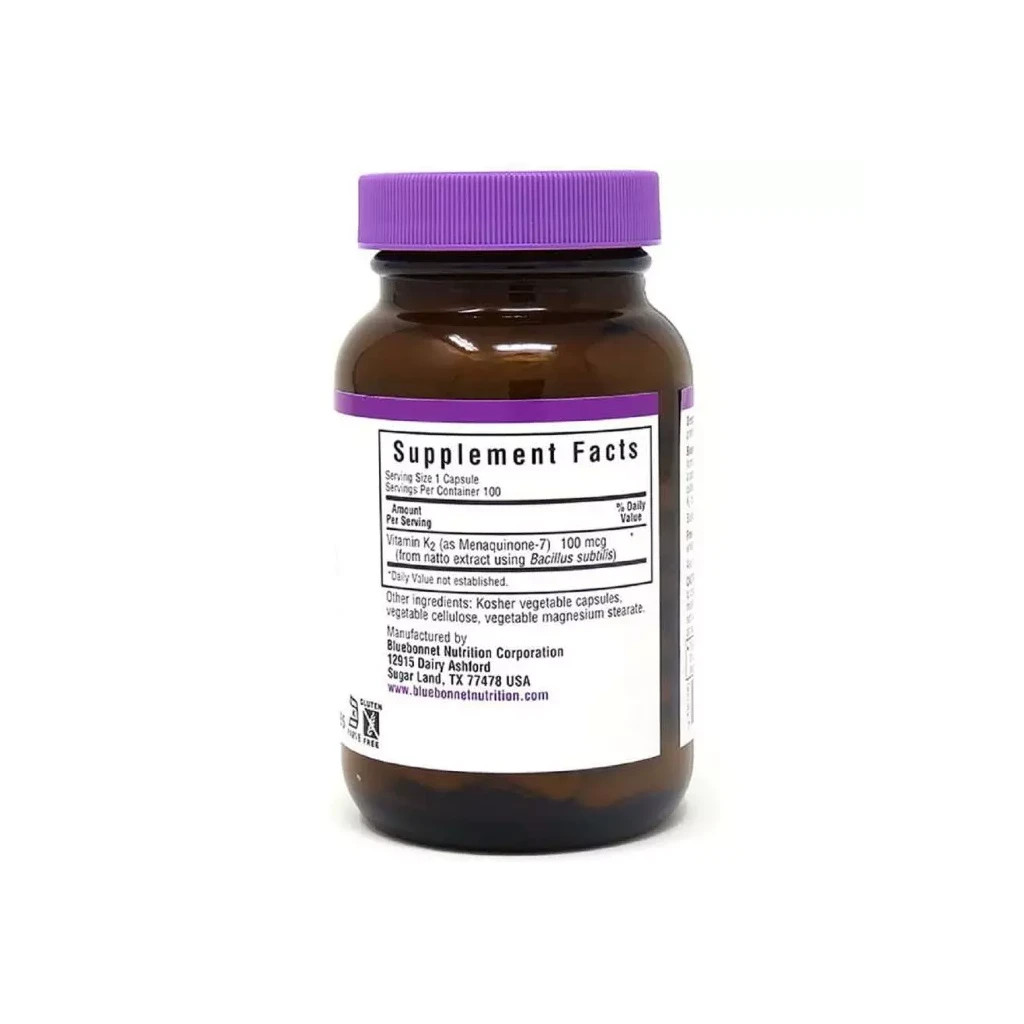 Вітамін Bluebonnet Nutrition Вітамін K2 100 мкг, Vitamin K2, 100 вегетаріанських капсул (BLB0653) - зображення 2