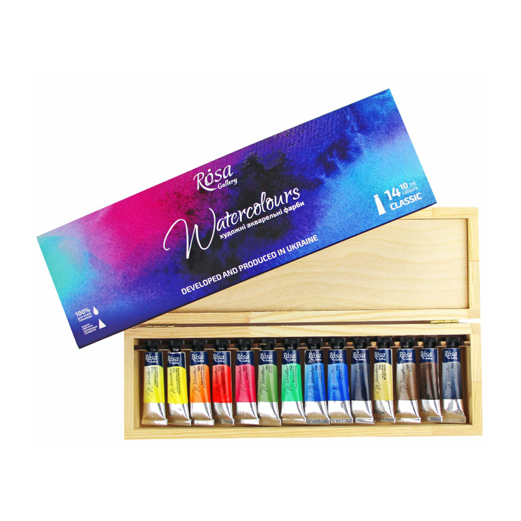Акварельні фарби Rosa Gallery Дерев'яний пенал 14 кольорів по 10 мл (4823098514008) - зображення 3