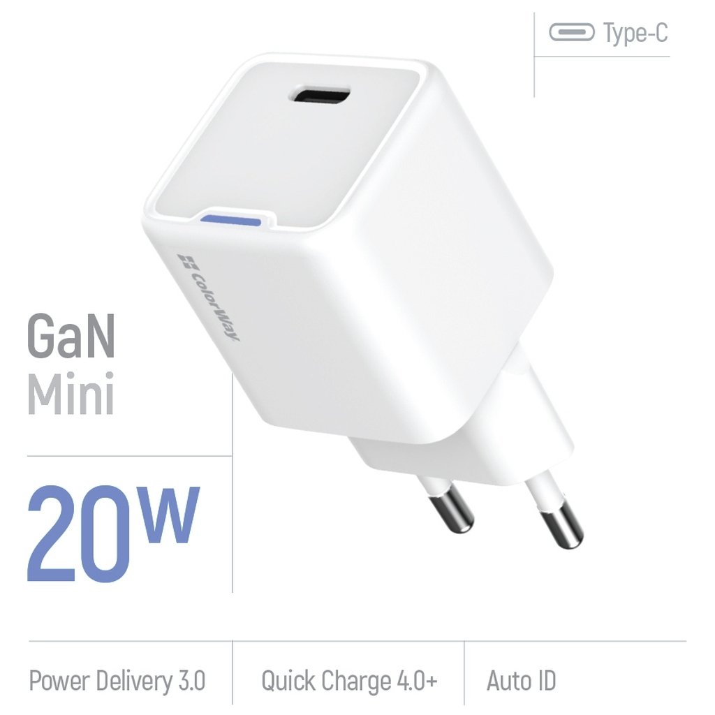 Зарядний пристрій ColorWay C101C GaN Mini 20W PD PPS USB-C white (CW-CHS059PD-WT) - изображение 7