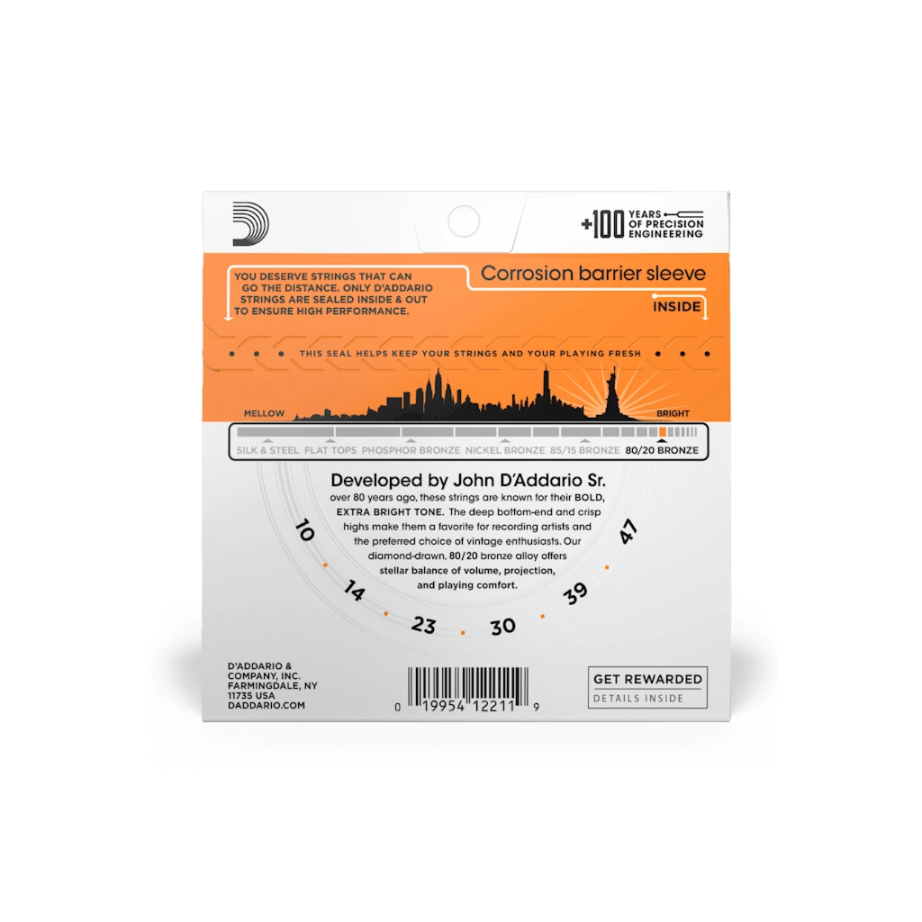 Струни для гітари D'Addario Bronze 80/20 Extra Light (10-47) (EJ10) - изображение 3