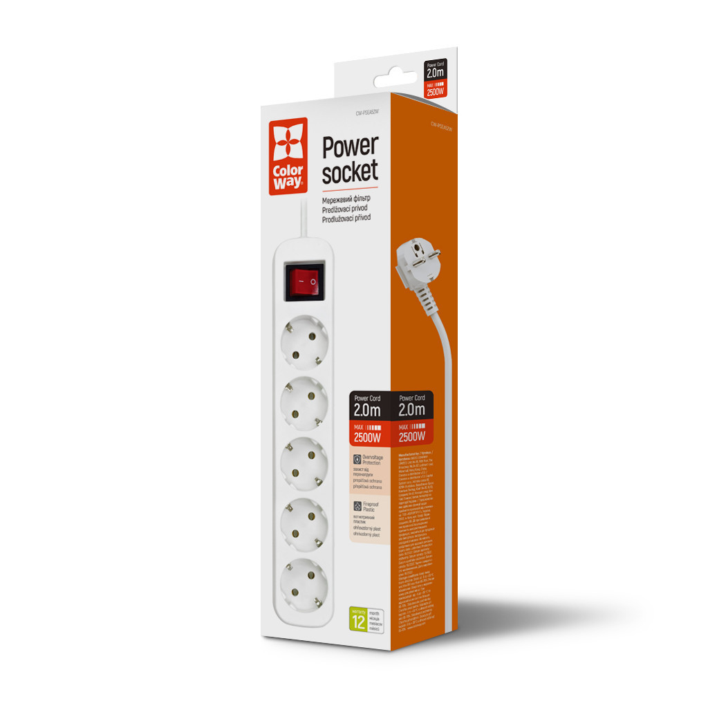 Мережевий фільтр живлення ColorWay CW-PSEA52W, 5 розеток/ 2M white (CW-PSEA52W) - зображення 7