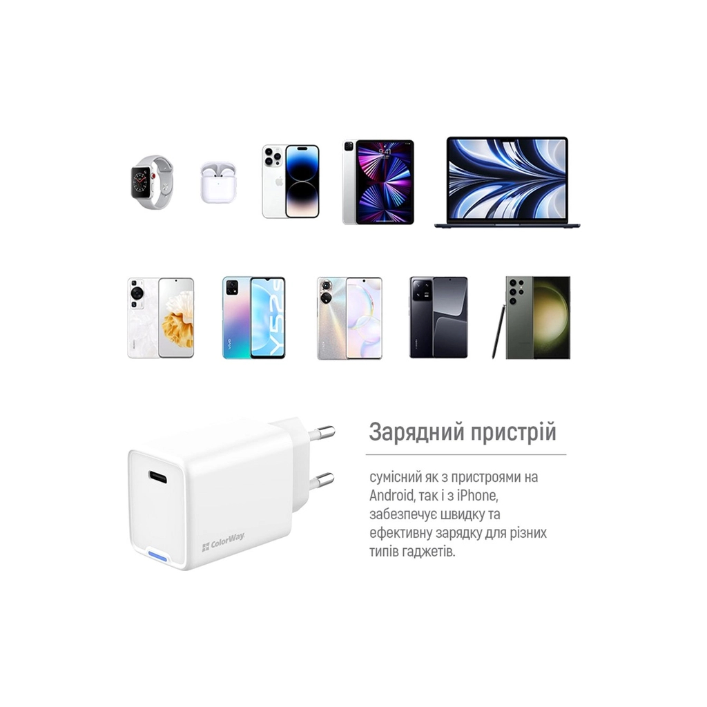Зарядний пристрій ColorWay GaN Mini 45W PD Port PPS USB-C white (CW-CHS057PD-WT) - зображення 12