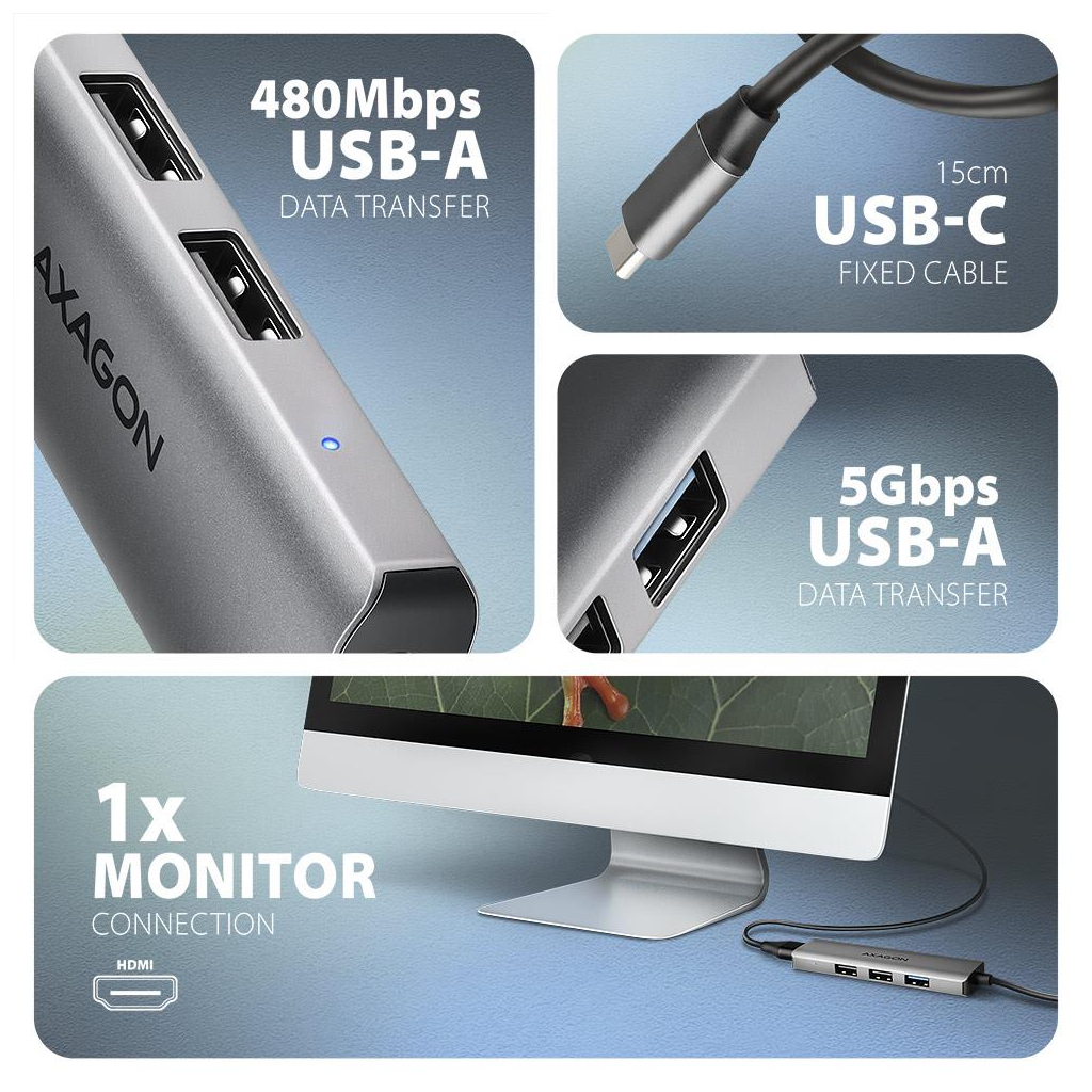 Концентратор AXAGON USB-C to 3xUSB-A + HDMI 0.15m gray (HMC-H3A) - зображення 3