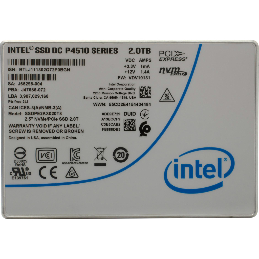 Накопичувач SSD U.2 2.5" 2TB DC P4510 INTEL (SSDPE2KX020T801) - изображение 1