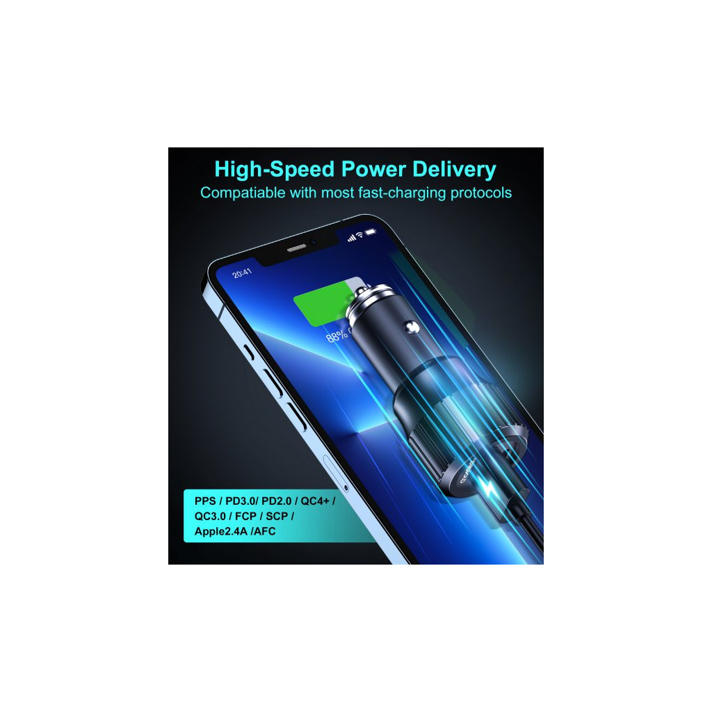 Зарядний пристрій Choetech car USB-A/USB-C 63W QC3.0/PD/PPS black (TC0010-BK) - зображення 7