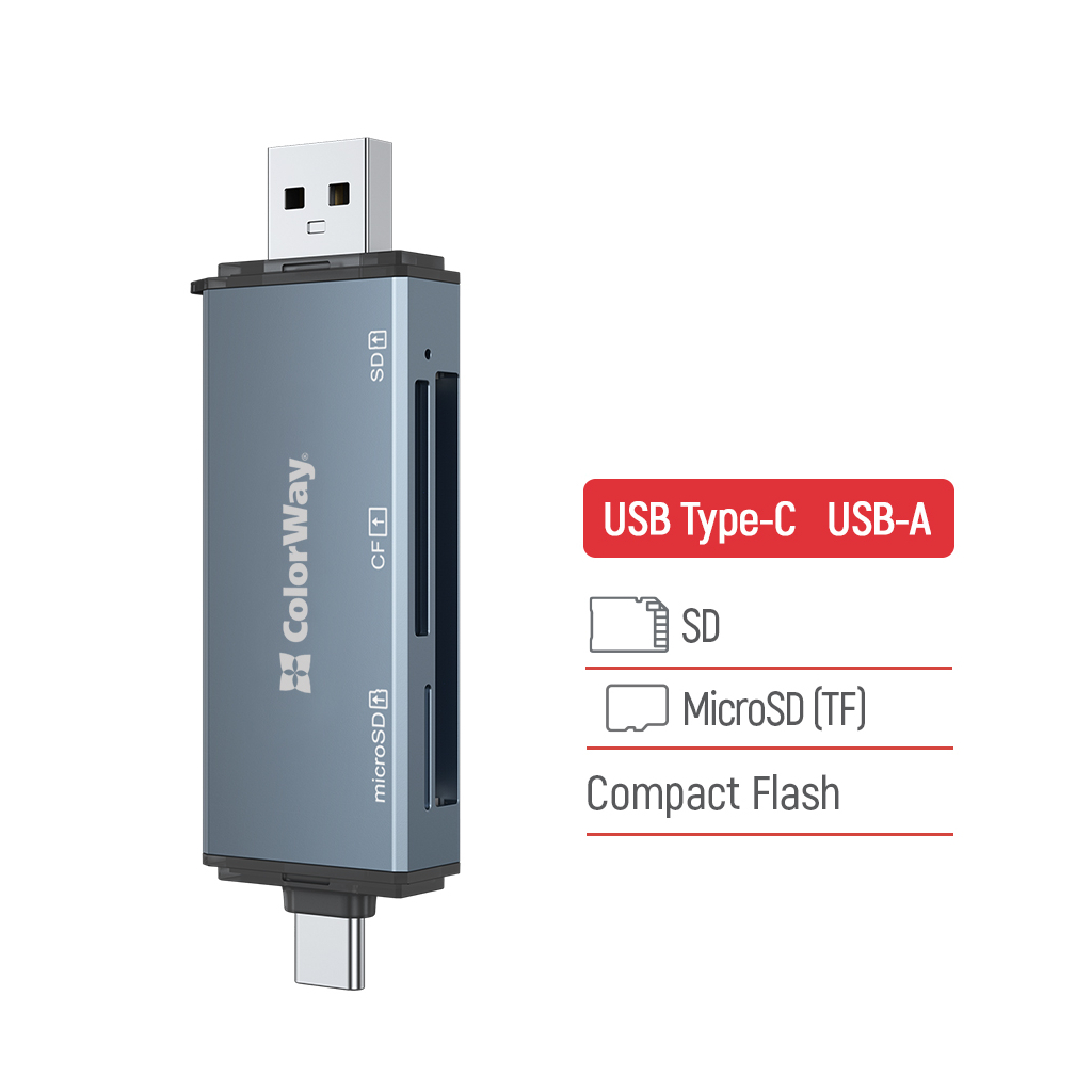 Зчитувач флеш-карт ColorWay USB 2.0/USB-C to CF/SD/MicroSD (CW-CR-01) - изображение 4