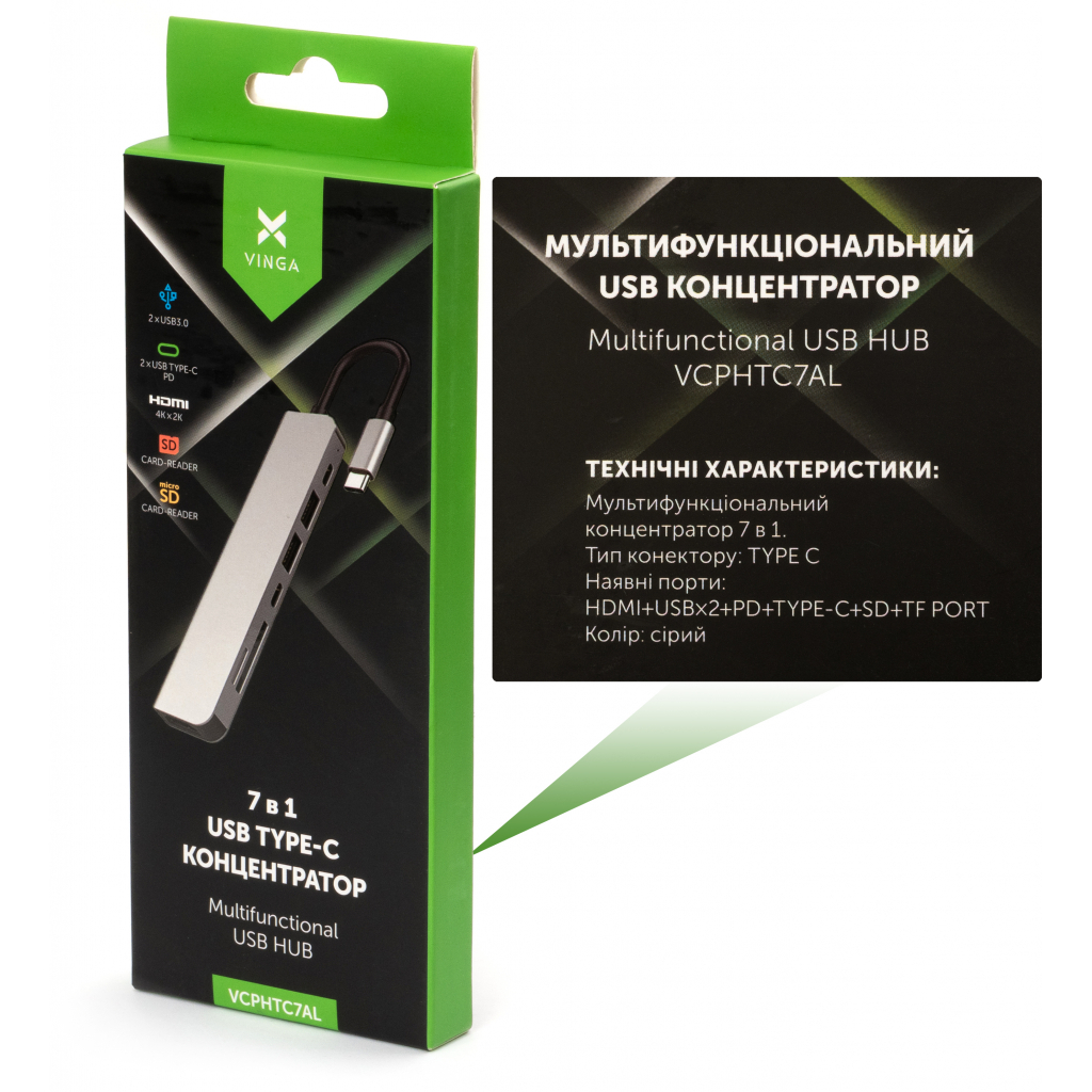 Концентратор Vinga Type-C to 4K HDMI+2*USB3.0+SD+TF+PD+USB-C 3.1 Gen1 aluminium (VCPHTC7AL) - зображення 5