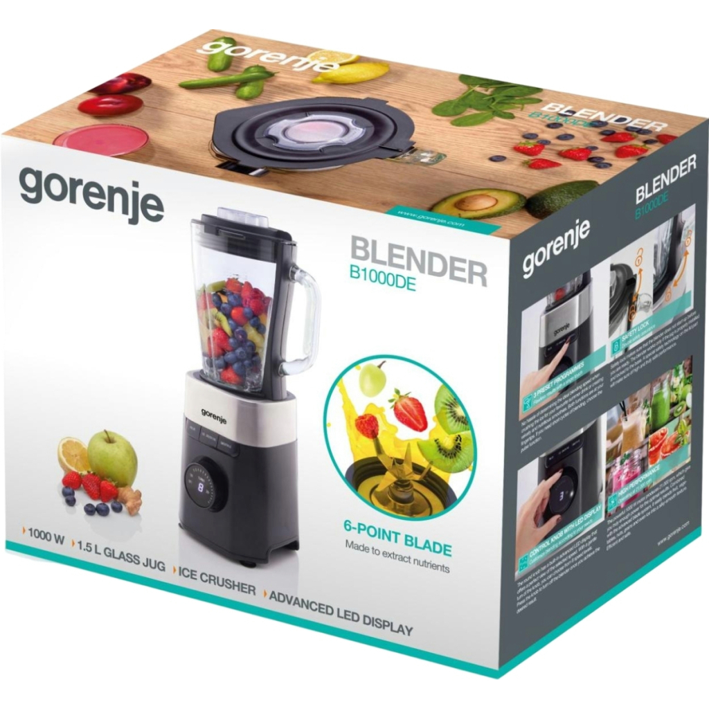Блендер Gorenje стаціонарний 1000Вт, чаша-1500мл, скло, чорний (B1000DE) - зображення 8