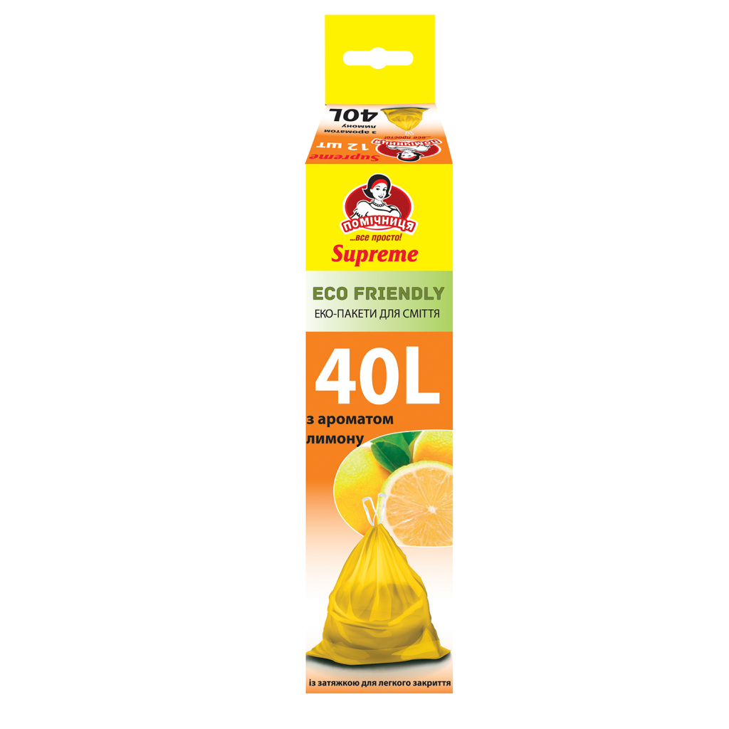 Пакети для сміття Помічниця З затяжками З ароматом лимону Eco Friendly Supreme 40 л 12 шт. (4820212004964) - зображення 1