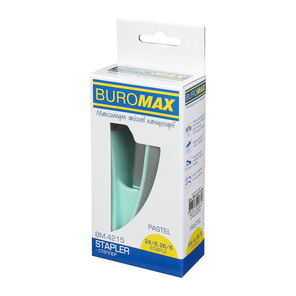 Степлер Buromax пластиковий PASTEL, 20 аркушів, (скоби №24, 26), 111 х 62 х 32 мм, м'ятний (BM.4215-38) - зображення 5