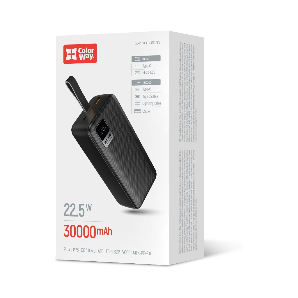 Батарея універсальна ColorWay 30 000 mAh PD/18W, QC3.0/22.5, Digital Display, Black (CW-PB300LPC5BK-PDD) - зображення 6