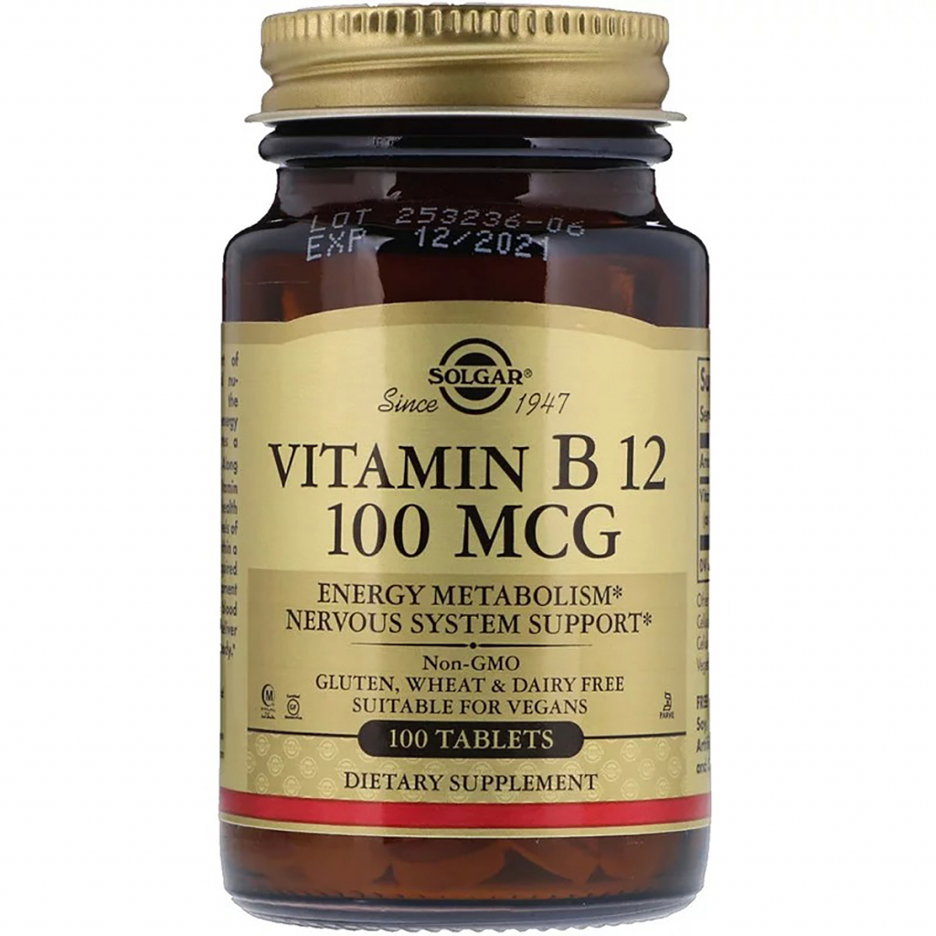Вітамін Solgar Вітамін В12 (Ціанокобаламін), Vitamin B12, 100 мкг, 100 табл (SOL-03180) - зображення 1
