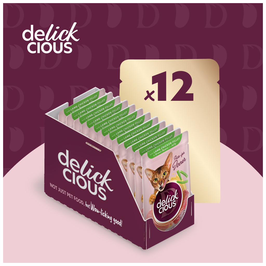 Вологий корм для кішок Delickcious Шматочки з ягнятиною, курячим філе і квасолею спаржевою в желе 85 г (4820269143128) - зображення 5