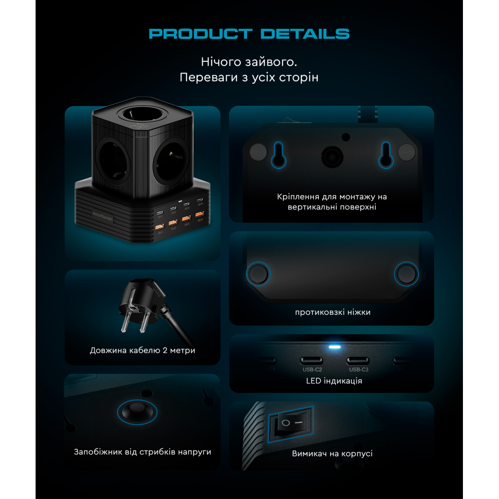 Зарядний пристрій Armorstandart ARP-544 Resolute Power USB-C 100W GaN 2m Black (ARM73177) - зображення 9