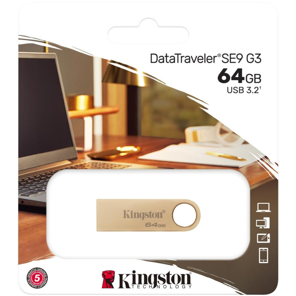USB флеш накопичувач Kingston 64GB DataTraveler SE9 G3 Gold USB 3.2 (DTSE9G3/64GB) - изображение 6