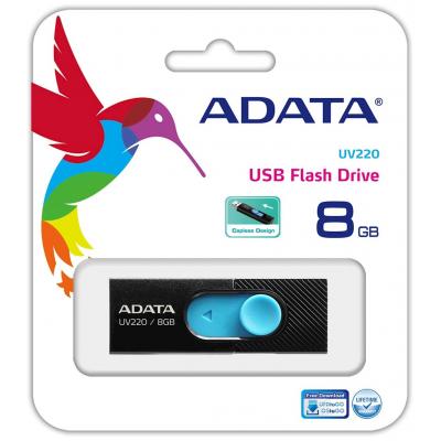 USB флеш накопичувач ADATA 8GB UV220 Black/Blue USB 2.0 (AUV220-8G-RBKBL) - зображення 3